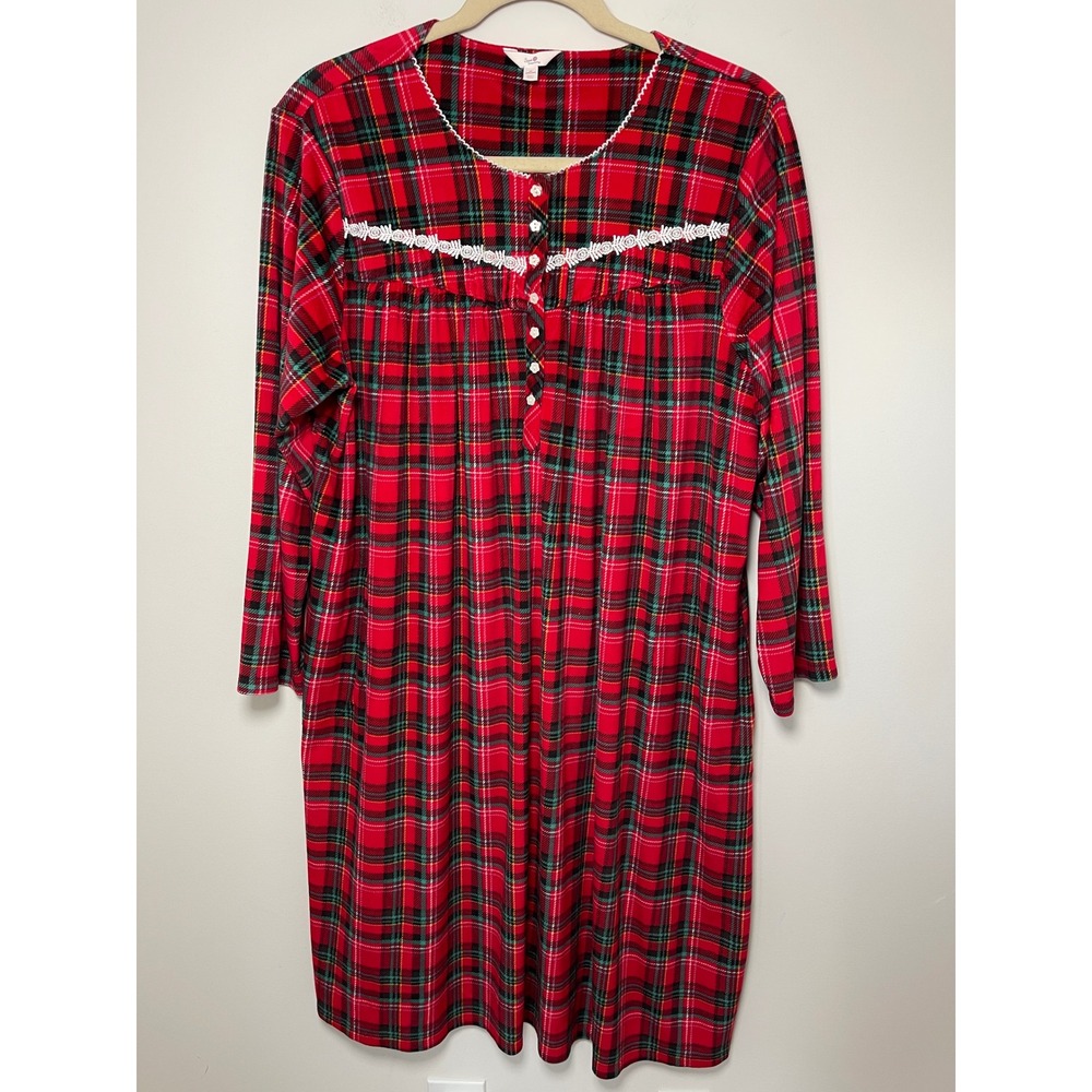 Secret Treasures Red Plaid Fleece Nightgown Lace Trim Pockets Plus 3X 22W-24W